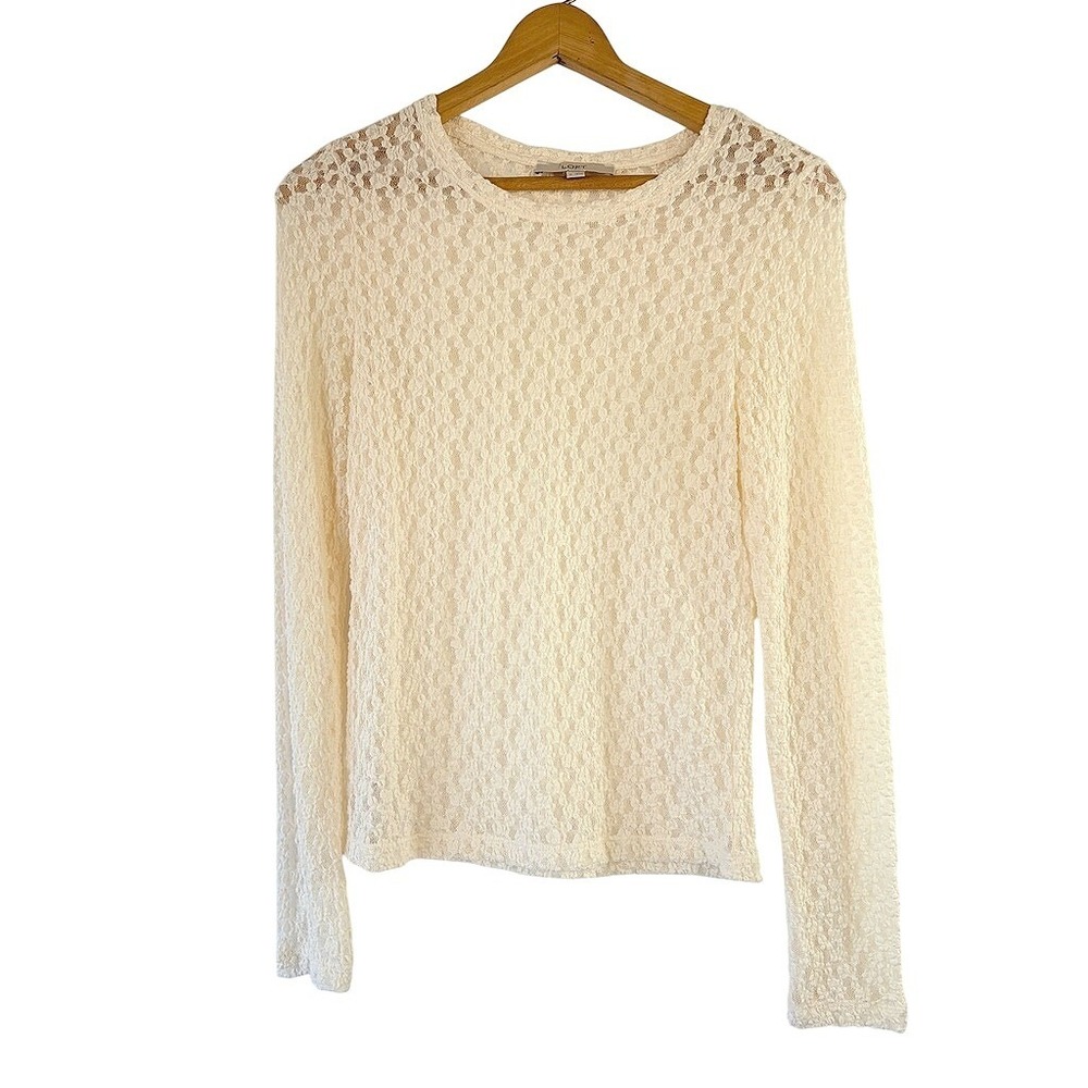 LOFT Cream Floral Unconventional Lace Long Sleeve Crew Top M Romantic Coquette